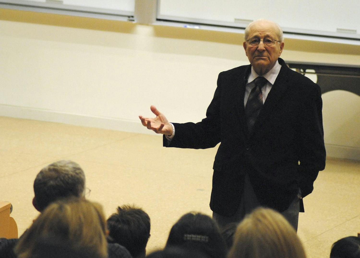 Irving Roth tells of his survival during the Holocaust Monday evening. 