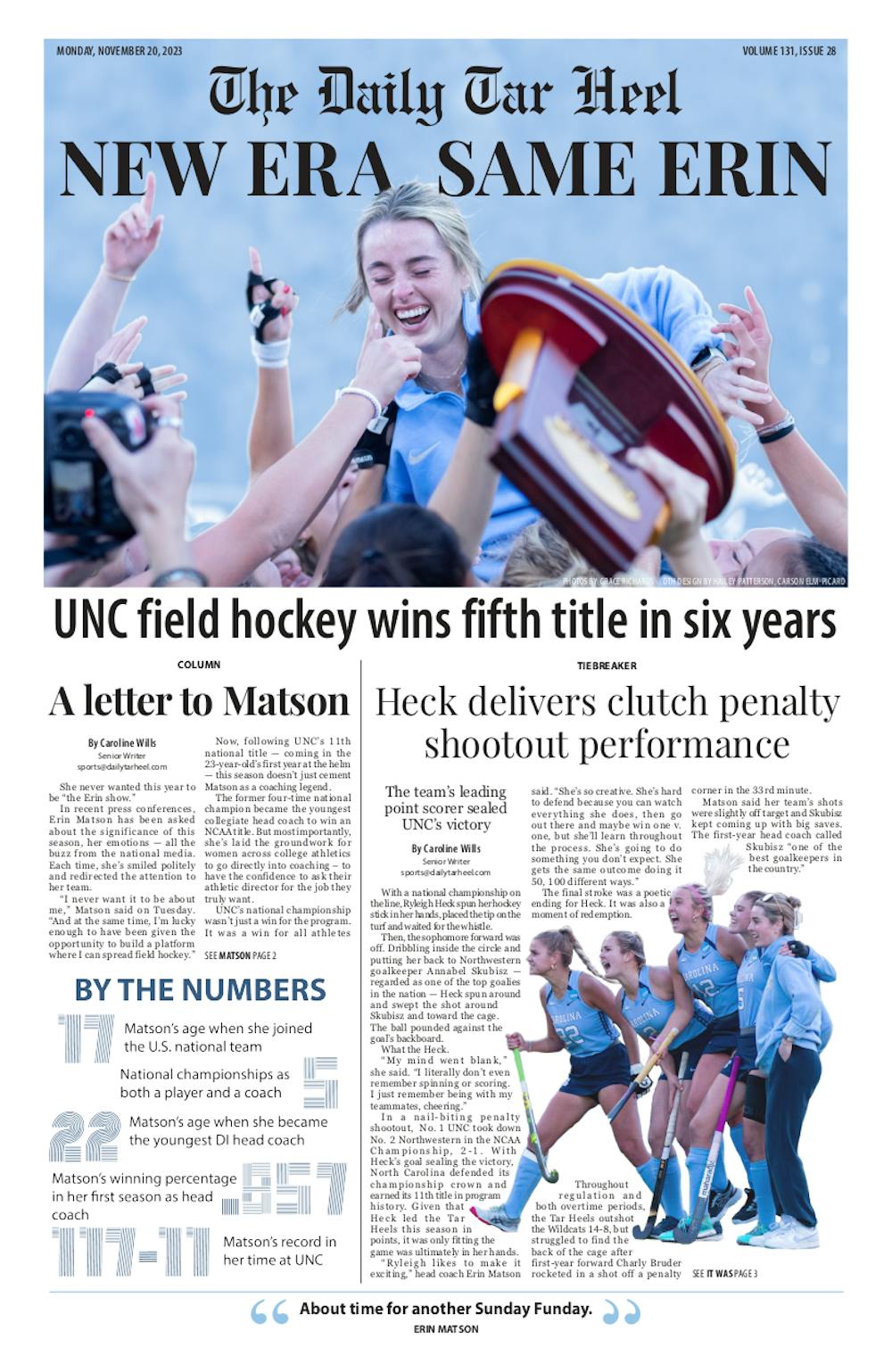 The Daily Tar Heel Victory Paper for November 20, 2023
