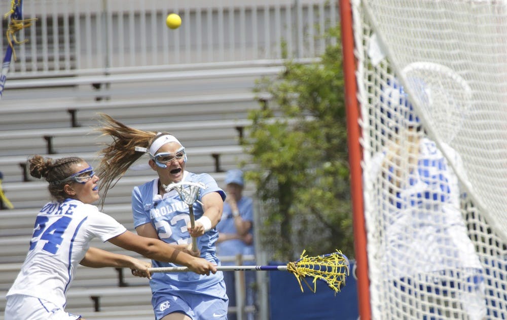 <p>North Carolina women's lacrosse team attacker Molly Hendrick&nbsp;shoots against Duke on April 22. Hendrick finished with a career-high seven goals in both this game and UNC's ACC&nbsp;Tournament championship win against Syracuse.</p>
