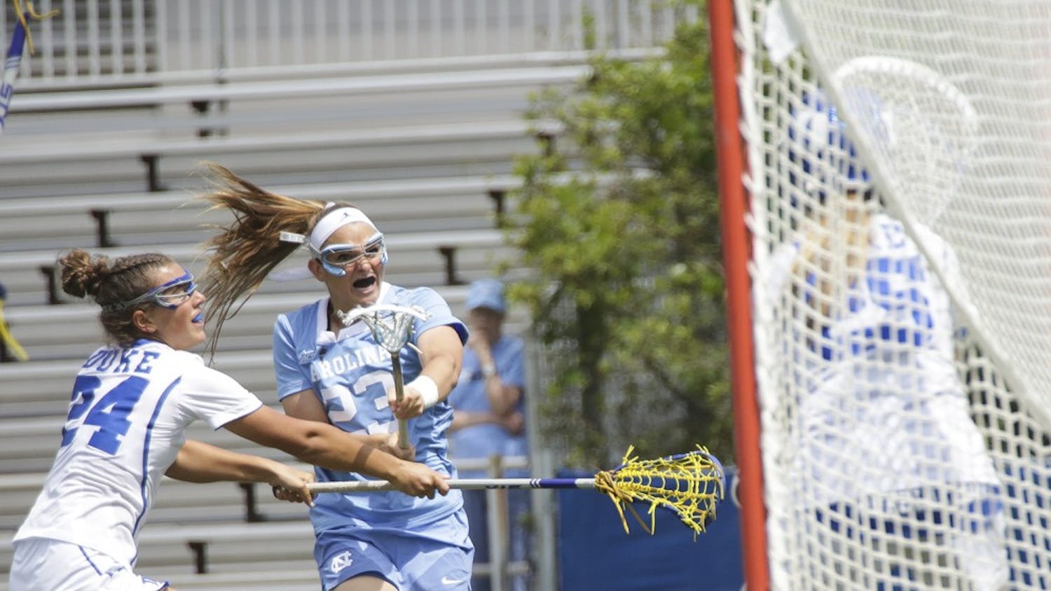 North Carolina women's lacrosse team attacker Molly Hendrick&nbsp;shoots against Duke on April 22. Hendrick finished with a career-high seven goals in both this game and UNC's ACC&nbsp;Tournament championship win against Syracuse.
