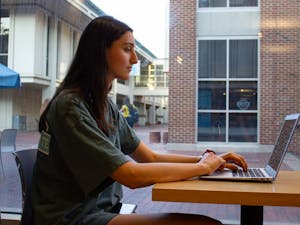 Kendall Harrow, a sophomore economics major, works on an assignment on her computer at the UNC Student Store on Wednesday, Oct. 9th, 2019. 