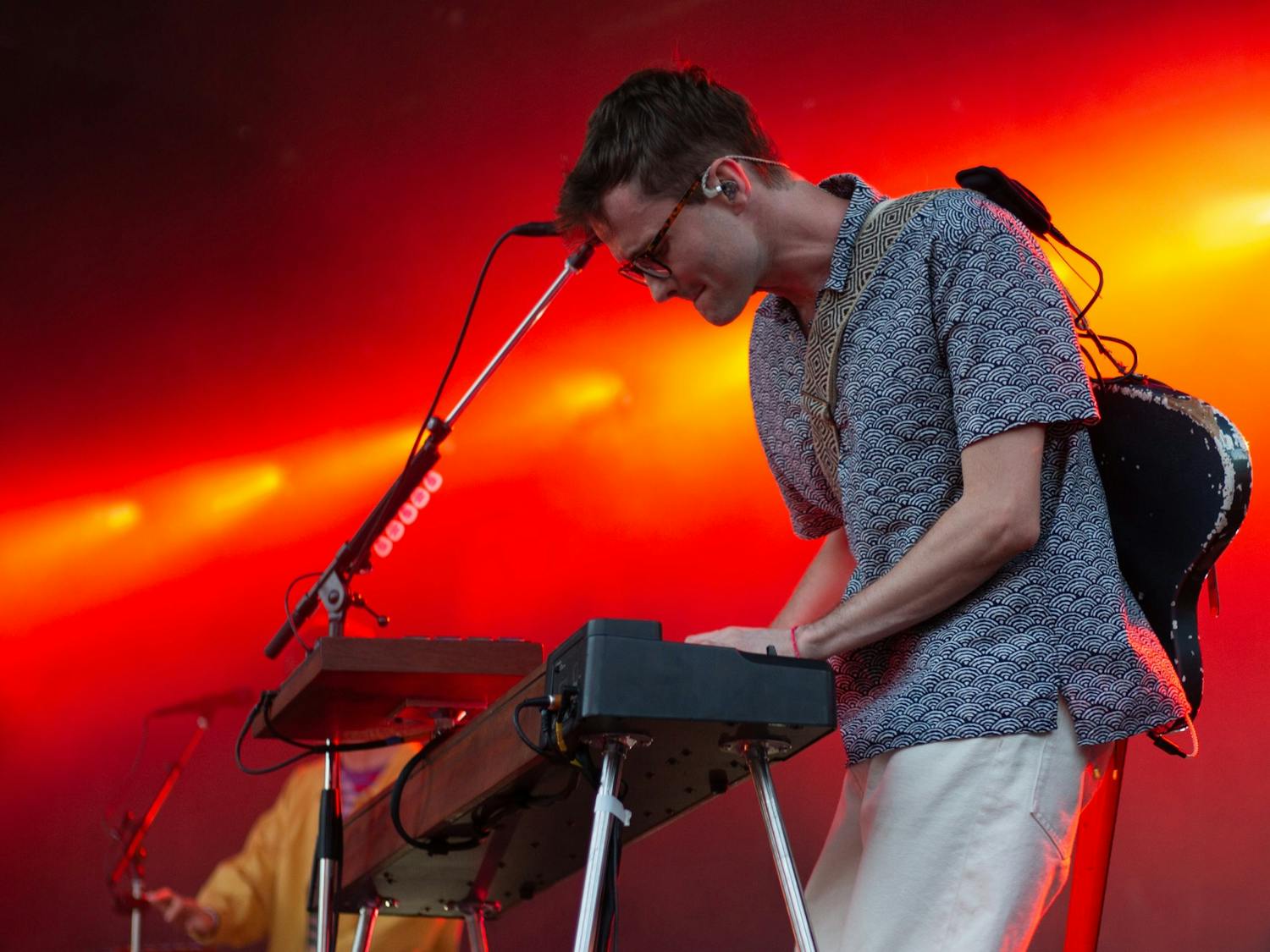 Glass Animals guitarist, Drew MacFarlane, performs at the concert in Carrboro, NC on Aug. 28. 