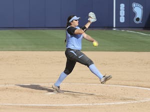 Brittany Pickett pitches against James Madison on April 26, 2017, in Anderson Stadium.