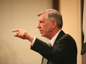 UNC President Tom Ross spoke and answered student questions Wednesday night in Carroll Hall concerning the  February 10 Board of Governors meeting to vote on a proposed 8.8 percent tuition increase for 2012-13 and 4.2 percent in 2013-14.