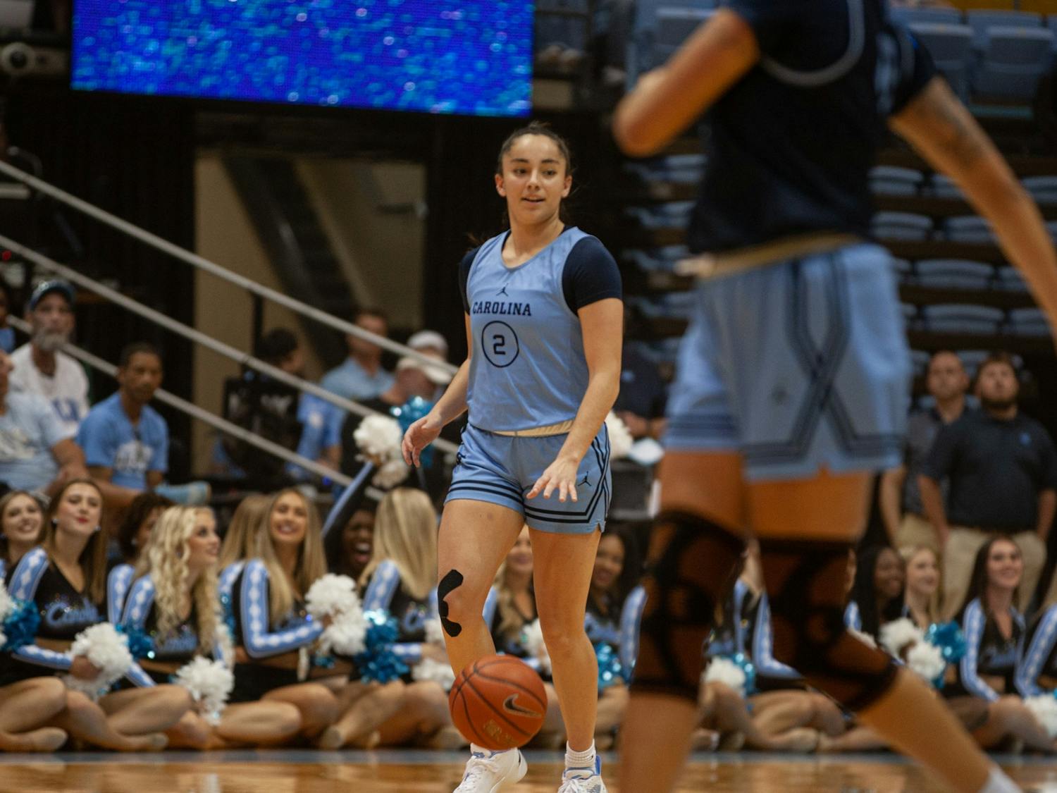 UNC freshman guard, Paulina Paris(2), dribbles downcourt during scrimmage at the Live Action Carolina Basketball event on Friday, Oct. 7, 2022, at Dean E. Smith Center.