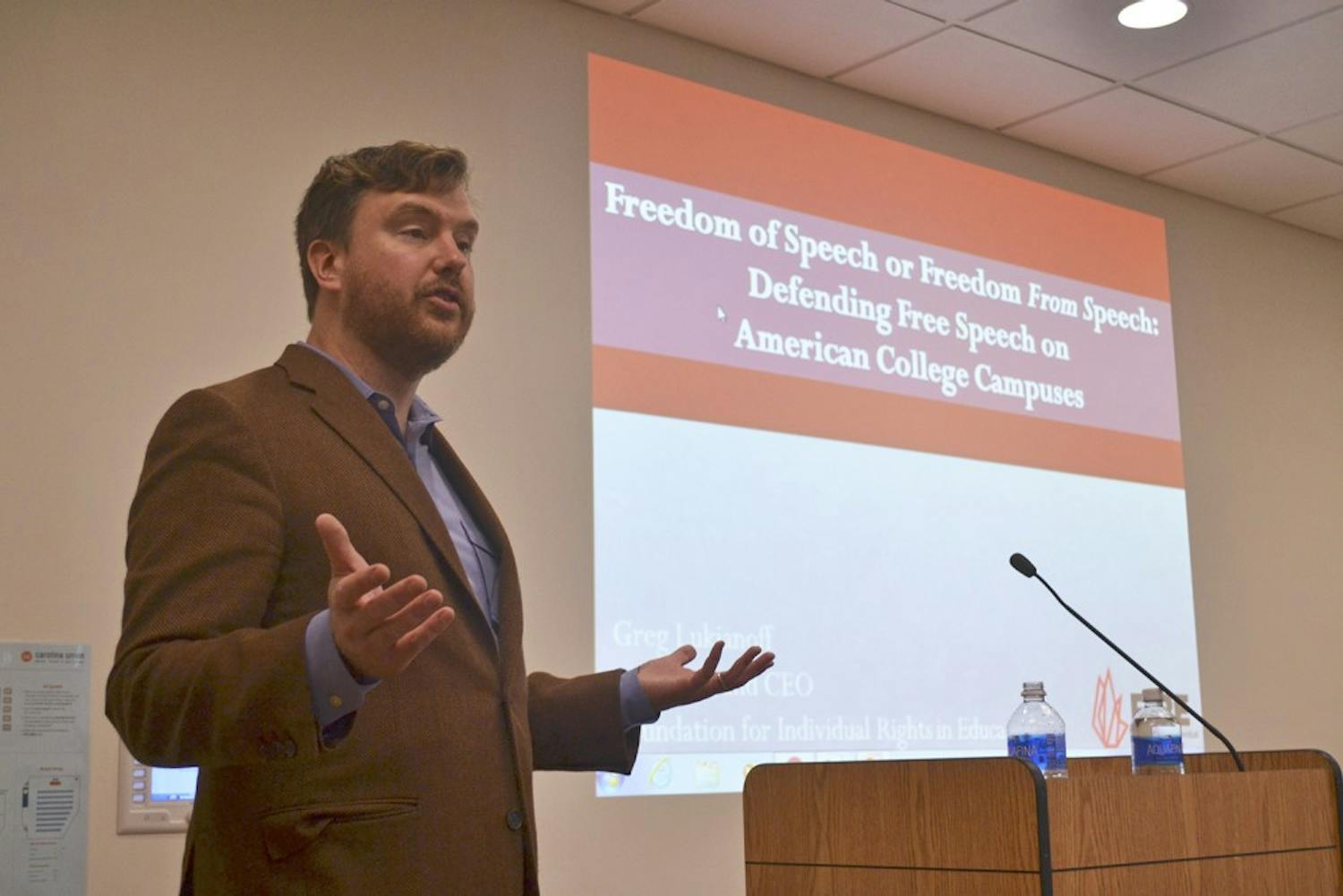Greg Lukianoff, the president of the Foundation for Individual Rights in Education (FIRE), holds a talk discussing the lack of free speech permitted on American college campuses.