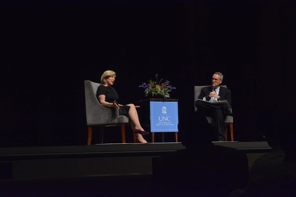 NPR's Nina Totenberg (left) speaks with Michael Gerhardt about The Supreme Court and the Presidency in Memorial Hall on Tuesday Night. 
