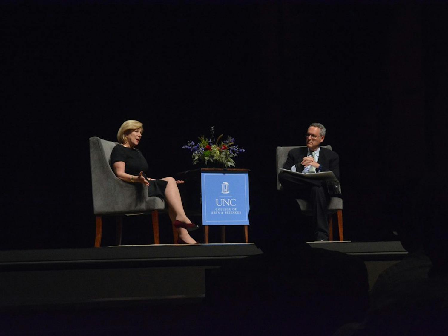 NPR's Nina Totenberg (left) speaks with Michael Gerhardt about The Supreme Court and the Presidency in Memorial Hall on Tuesday Night. 