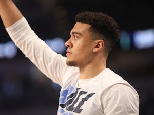 Transfer forward Justin McKoy warms up before the second-round of the NCAA Tournament on Saturday, March 19, 2022, against Baylor in Fort Worth, Texas. UNC won 93-86.