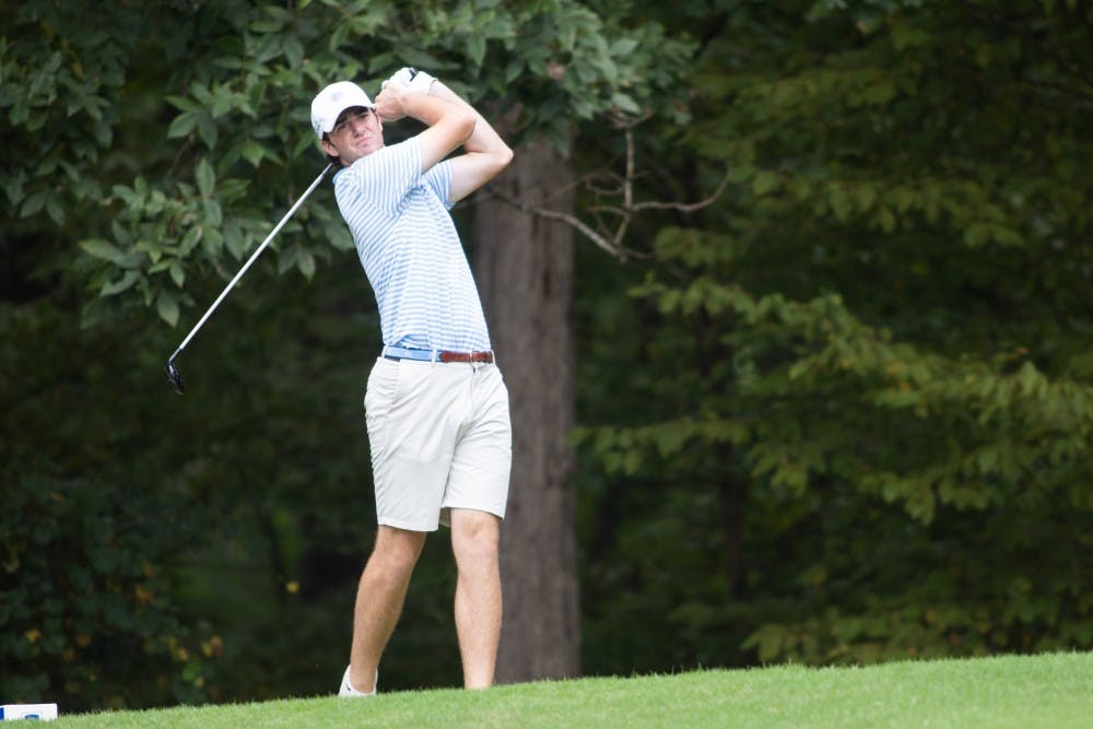 <p>UNC-Chapel Hill sophomore Ryan Burnett tees off at the Rod Myers Invitational at the Duke University Golf Club on Sunday, September 15, 2019.&nbsp;</p>