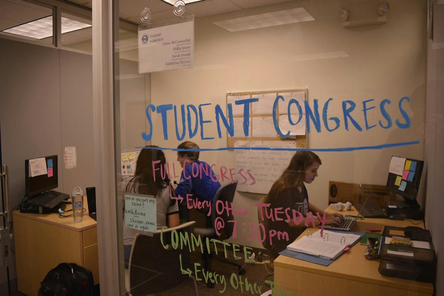 Katharine Shriver, 19-yo PoliSci and Public Policy Major (Left), Paul Kushner, 21-yo Econ major, Joanna Zhang, 18-yo Psych and PoliSci major. Election and referendum results are in on Thursday Night.