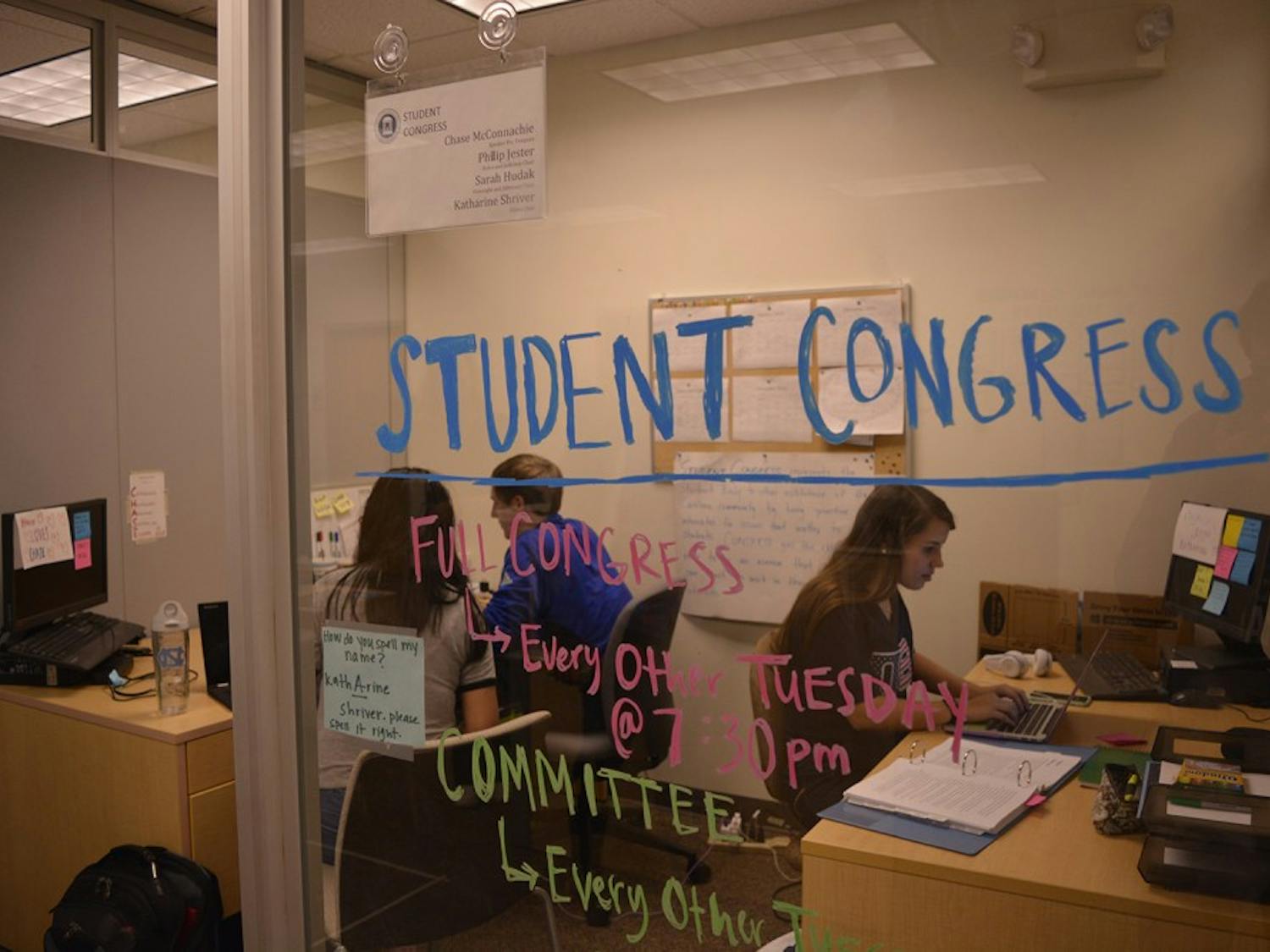 Katharine Shriver, 19-yo PoliSci and Public Policy Major (Left), Paul Kushner, 21-yo Econ major, Joanna Zhang, 18-yo Psych and PoliSci major. Election and referendum results are in on Thursday Night.