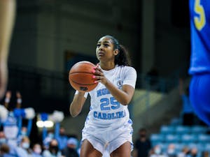 Sophomore guard Deja Kelly shoots a free throw at the women's basketball game against Pittsburgh on Feb. 10, 2021 at Carmichael Arena in Chapel Hill. UNC won 64-54.