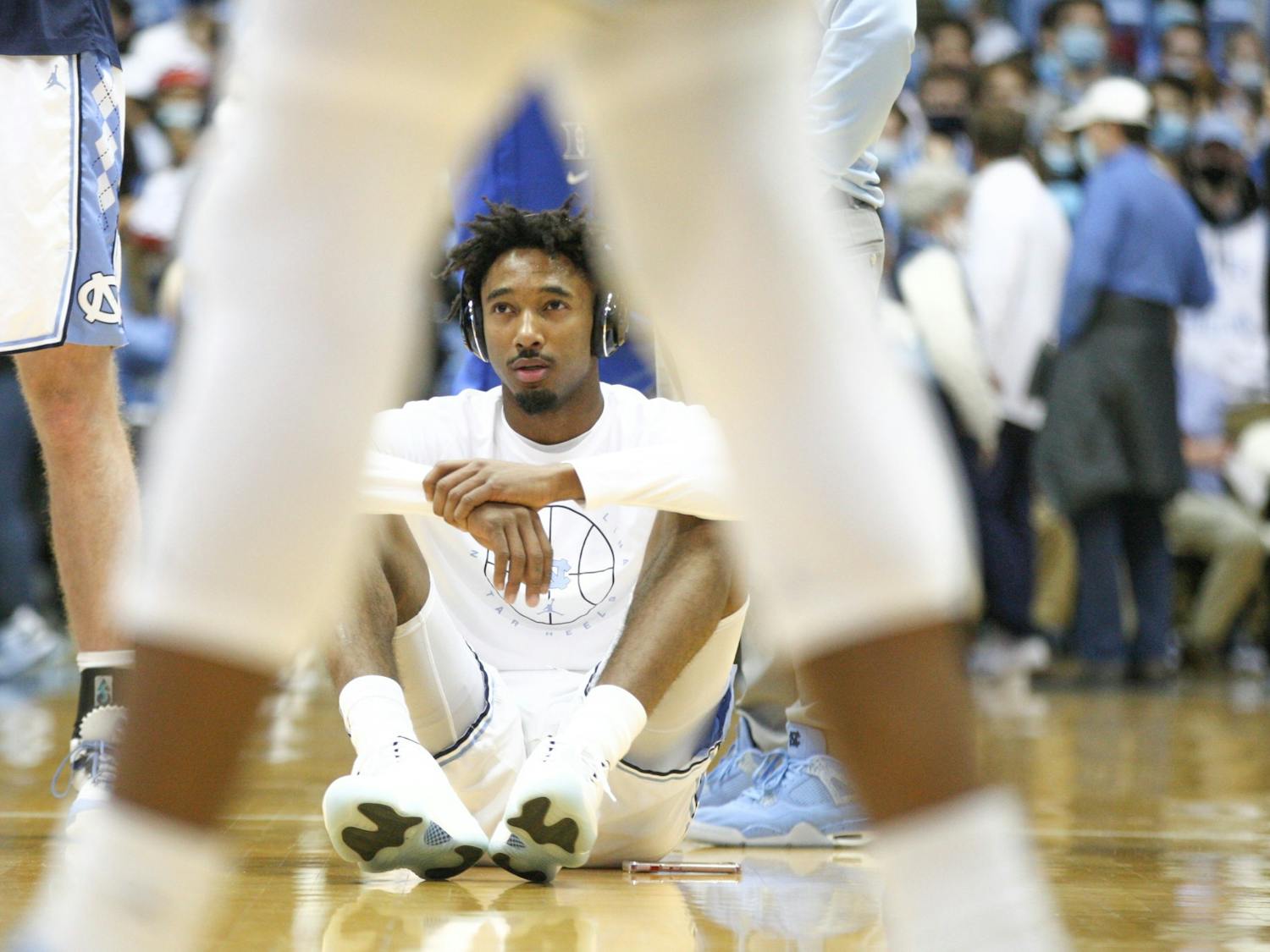 Senior forward Leaky Black prepares to warm up before a home UNC men's basketball game against Duke in the Dean Smith Center on Saturday, Feb. 5, 2022. Duke won 87-67.