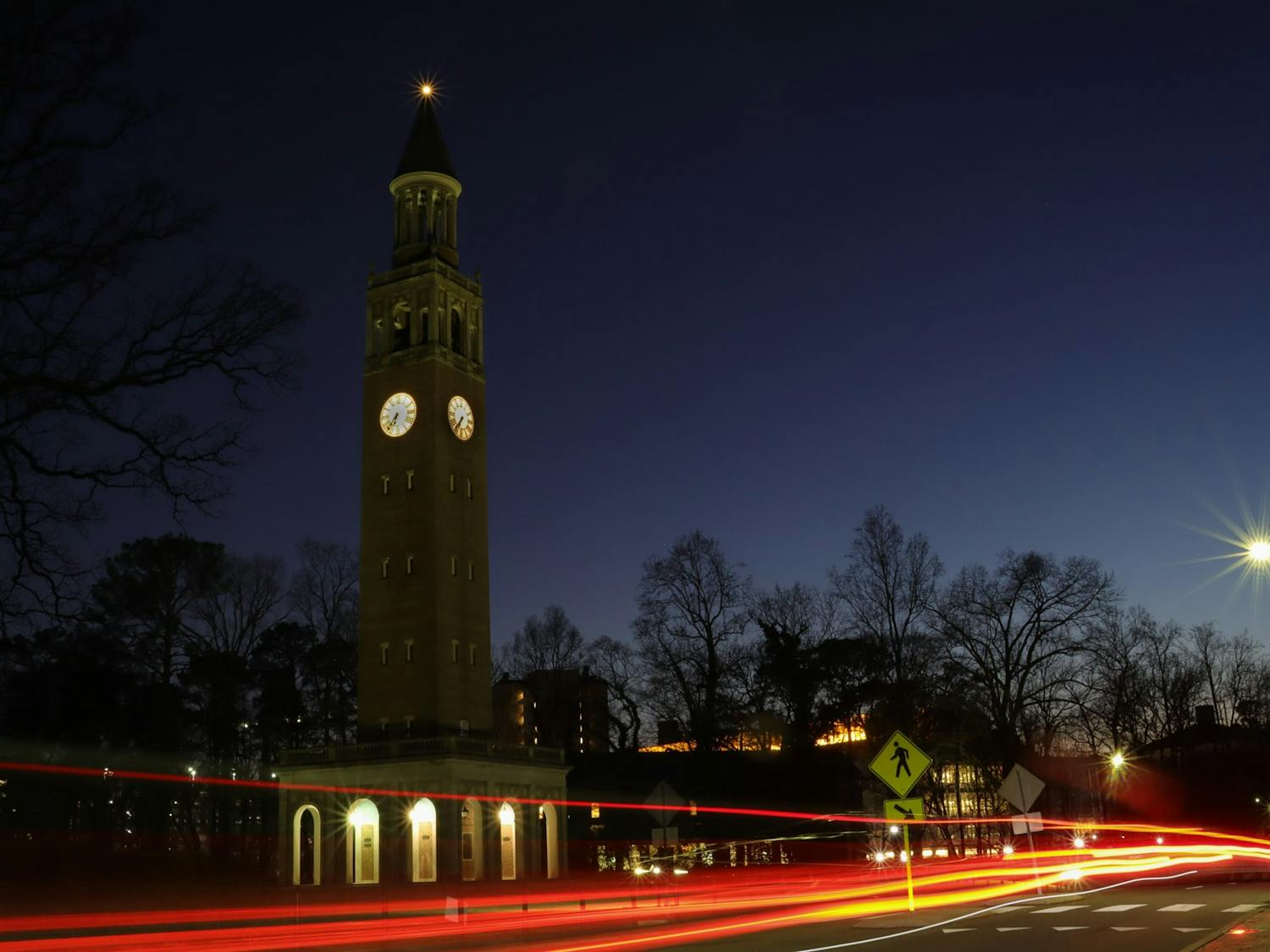 The Morehead-Patterson Bell Tower stands after sunset on Friday, Feb. 19, 2021.