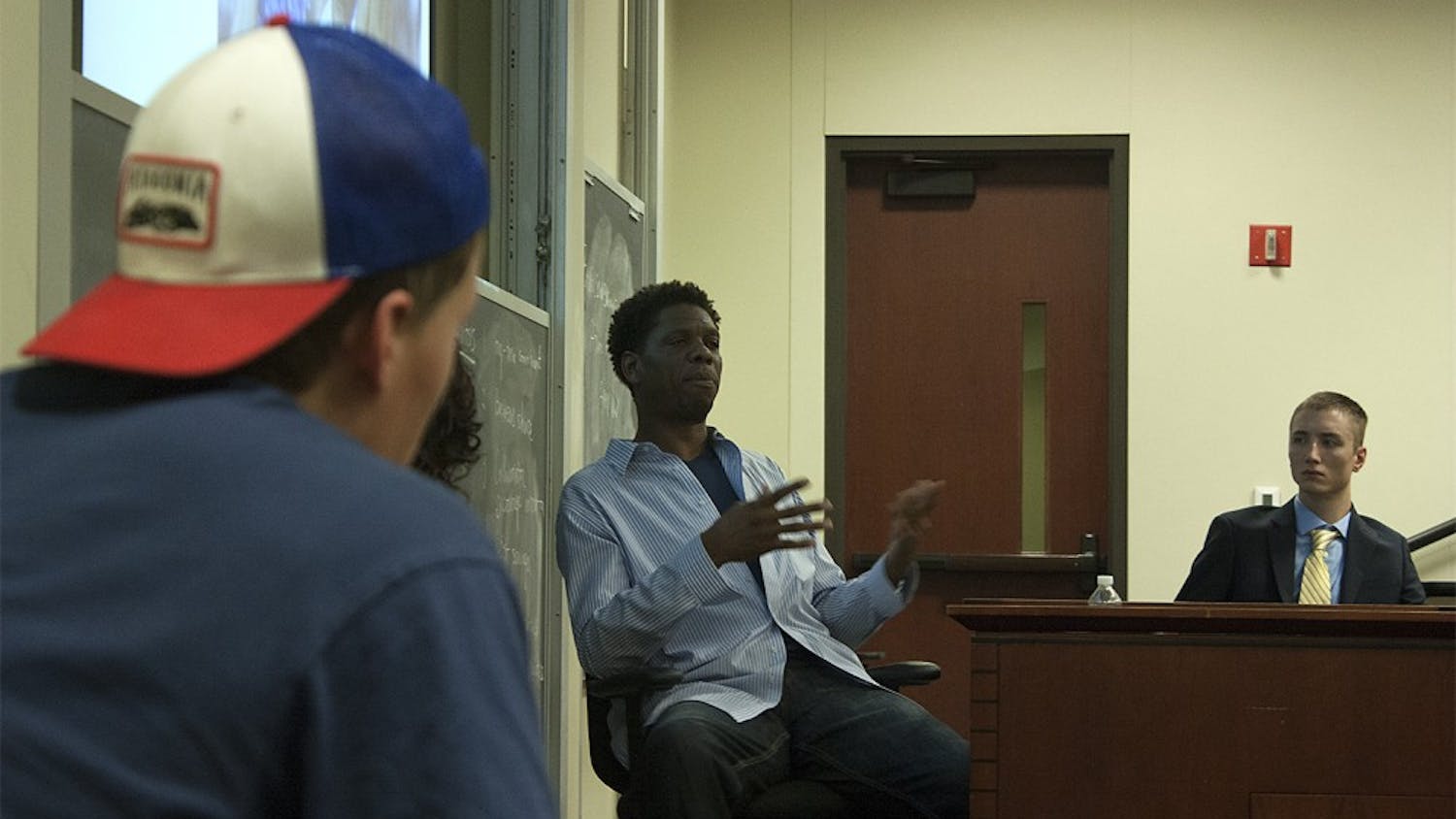 J.R. Reid, a former UNC-Chapel Hill basketball player, talks about his post-athletic career at a meeting of the Carolina Sports Business Club in the Kenan-Flagler Business School.