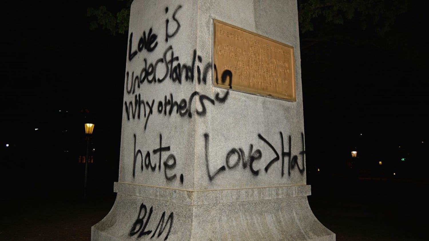 The Silent Sam Statue was spray-painted with the words, "Love is understanding why others hate. Love &gt; Hate. BLM," on Friday night.&nbsp;