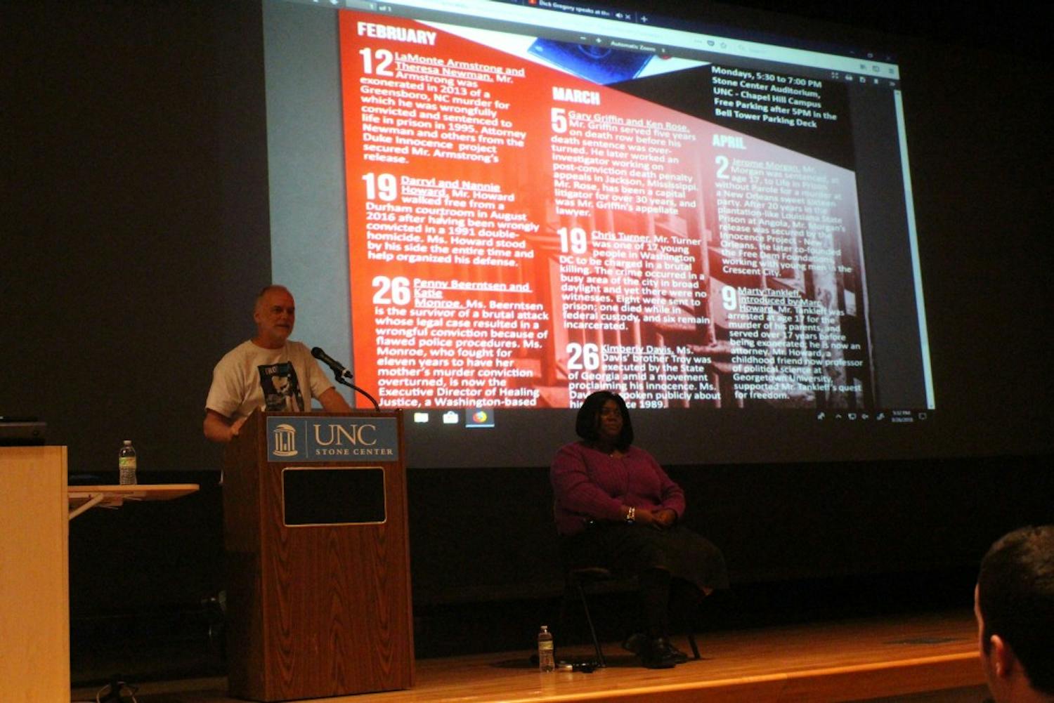 Professor Frank Baumgartner, from the department of political science, introduces Kimberly Davis to speak about her brother, who was sentenced to death in the state of Georgia.