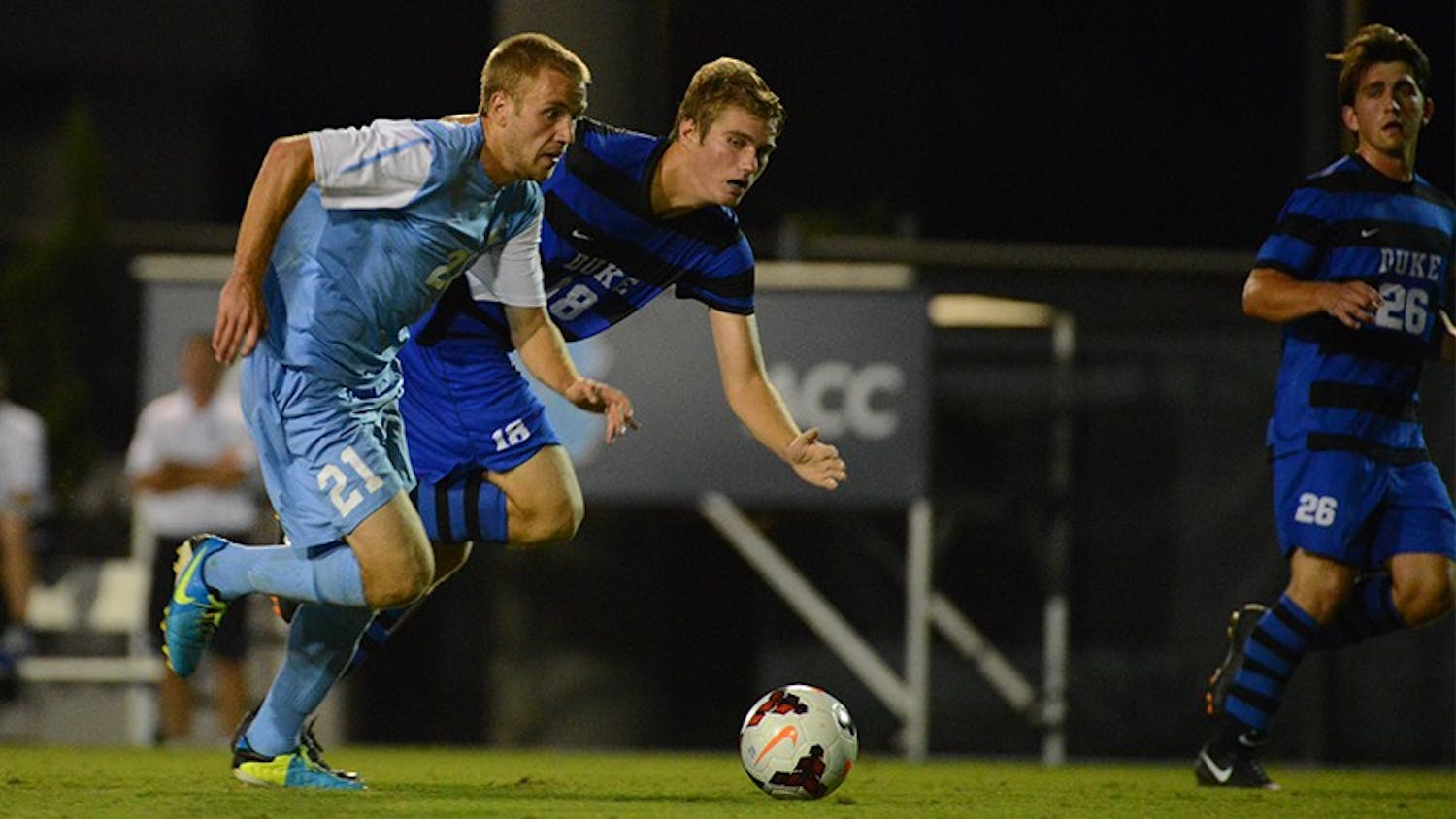 	Cooper Vandermaas-Peeler (left) chases after the ball in UNC’s 0-0 draw against Duke Friday night.