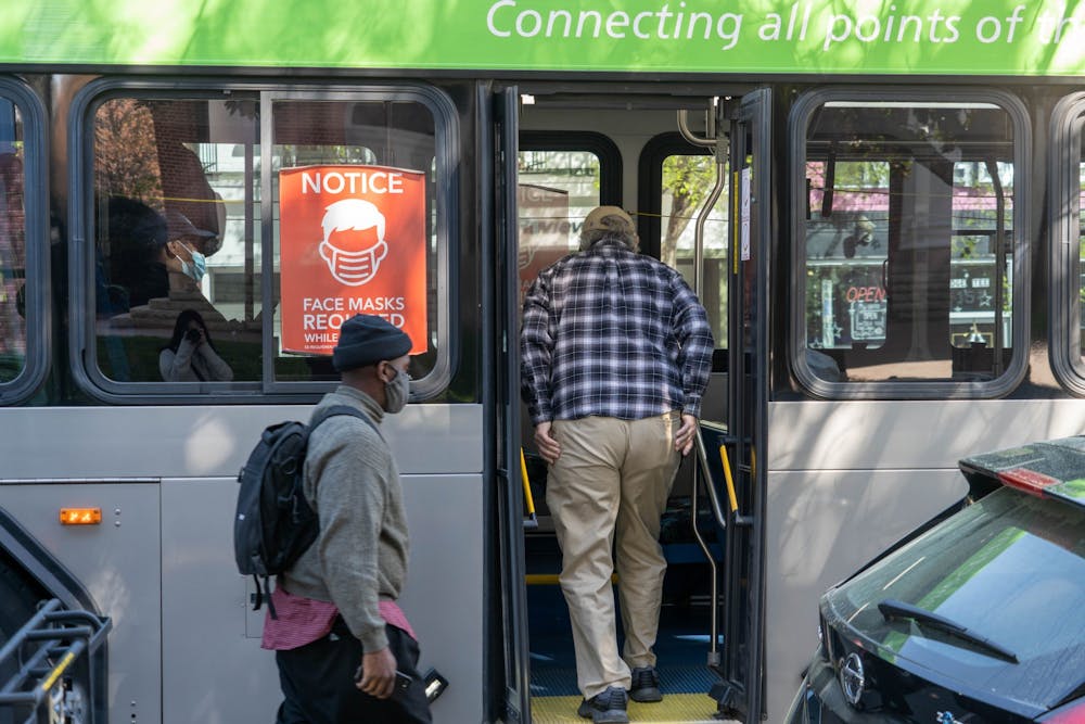 On Apr. 4, GoTriangle Bus is picking up passengers on Franklin Street.