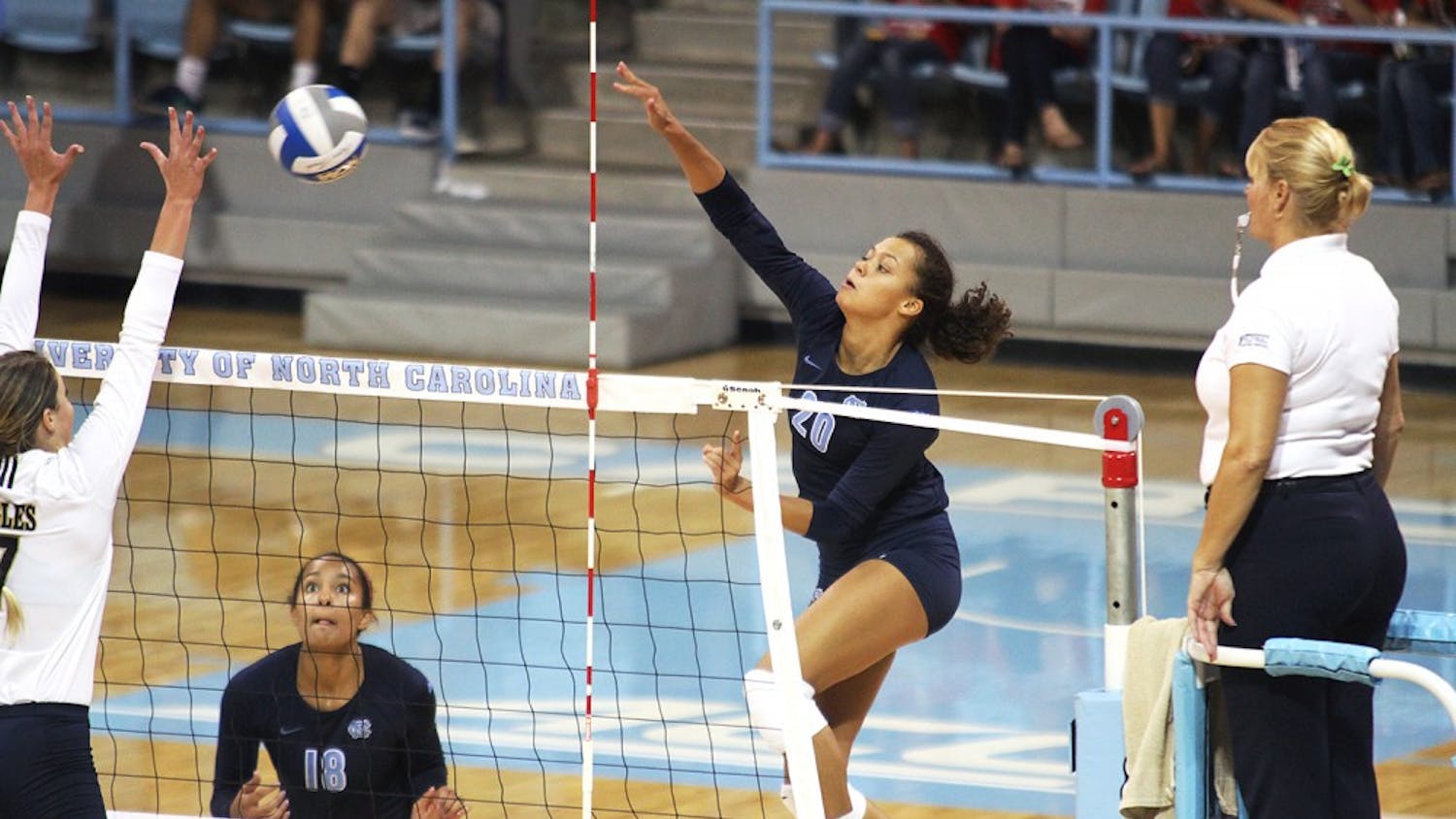 UNC redshirt sophomore Taylor Treacy (20) accounted for 21 kills in the Carolina Classic tournament this past weekend and went on to receive All-Tournament Team honors.
