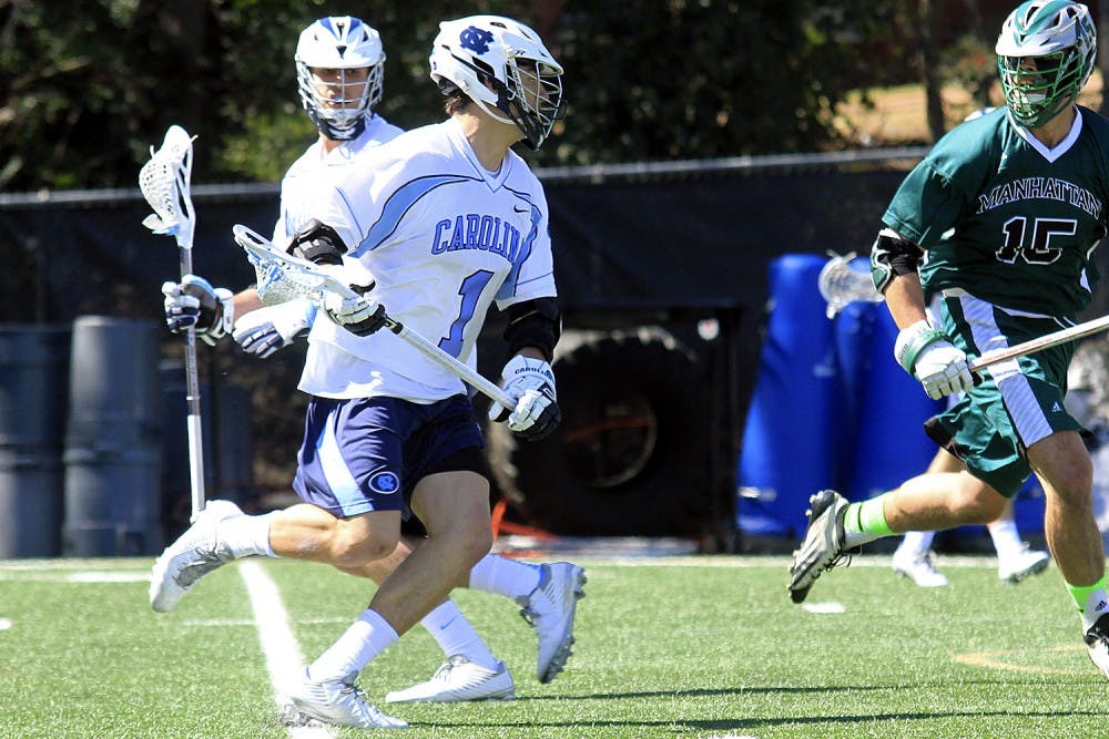 <p>Sophomore Luke Goldstock prepares to shoot against Manhattan as a part of his historic nine-point performance, the most of any Tar Heel since 2012.</p>