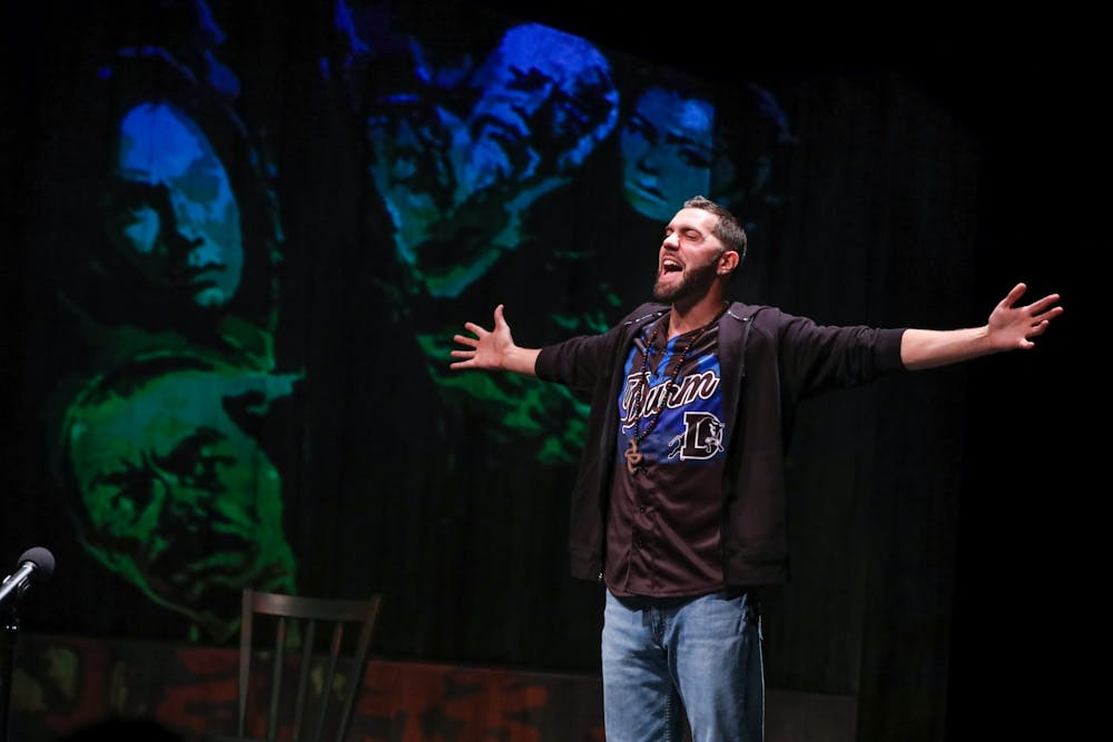 <p>Kane Smego, the writer and performer of "Temples of Lung &amp; Air" performs on stage. The show is Playmakers Repertory Company's first show of the season. Photo courtesy of Huth Photo.</p>