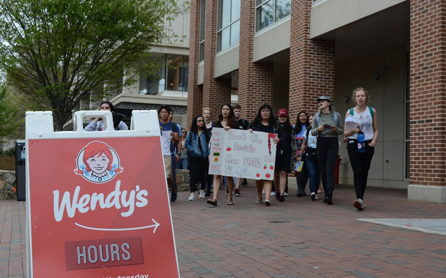 Protesters arriving at Wendy's on-campus location.