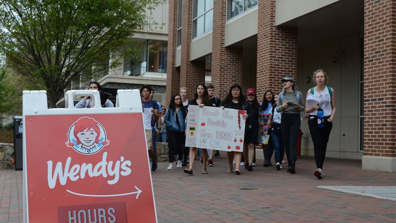 Protesters arriving at Wendy's on-campus location.