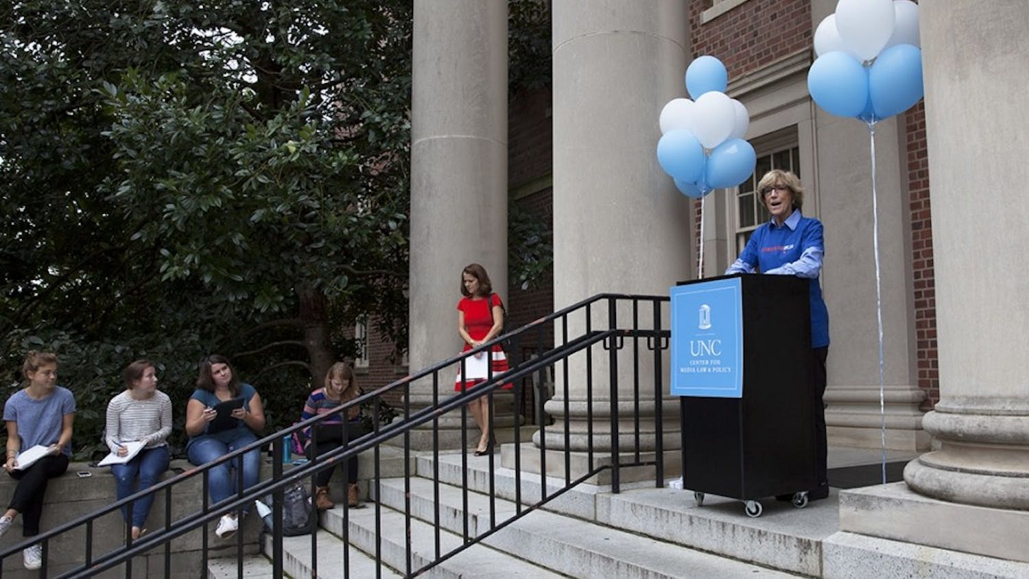 Susan King, the Dean of the School of Media and Journalism, speaks at the First Amendment Day opening ceremony in 2015.