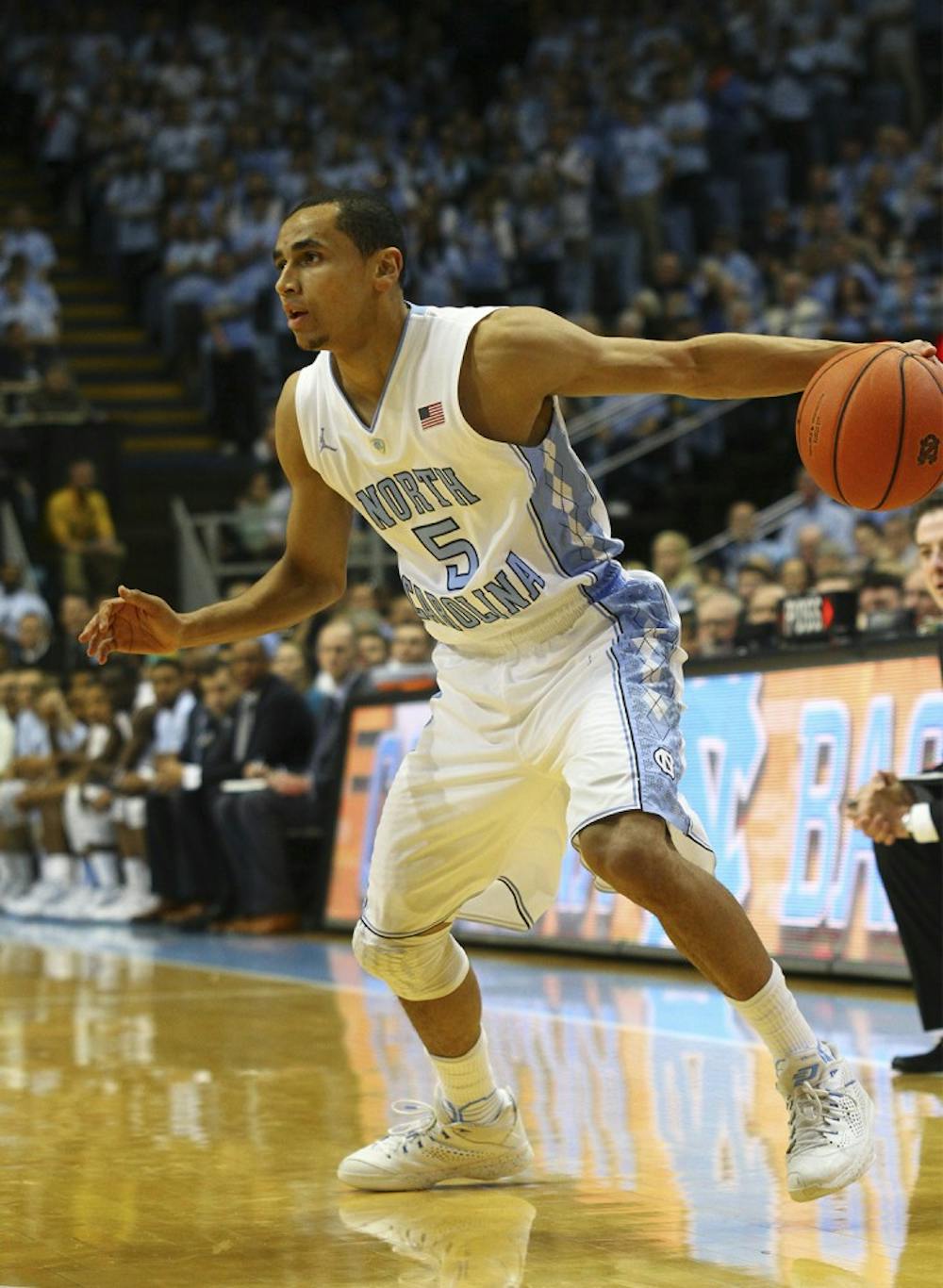 UNC guard Marcus Paige (5) drives to the basket.