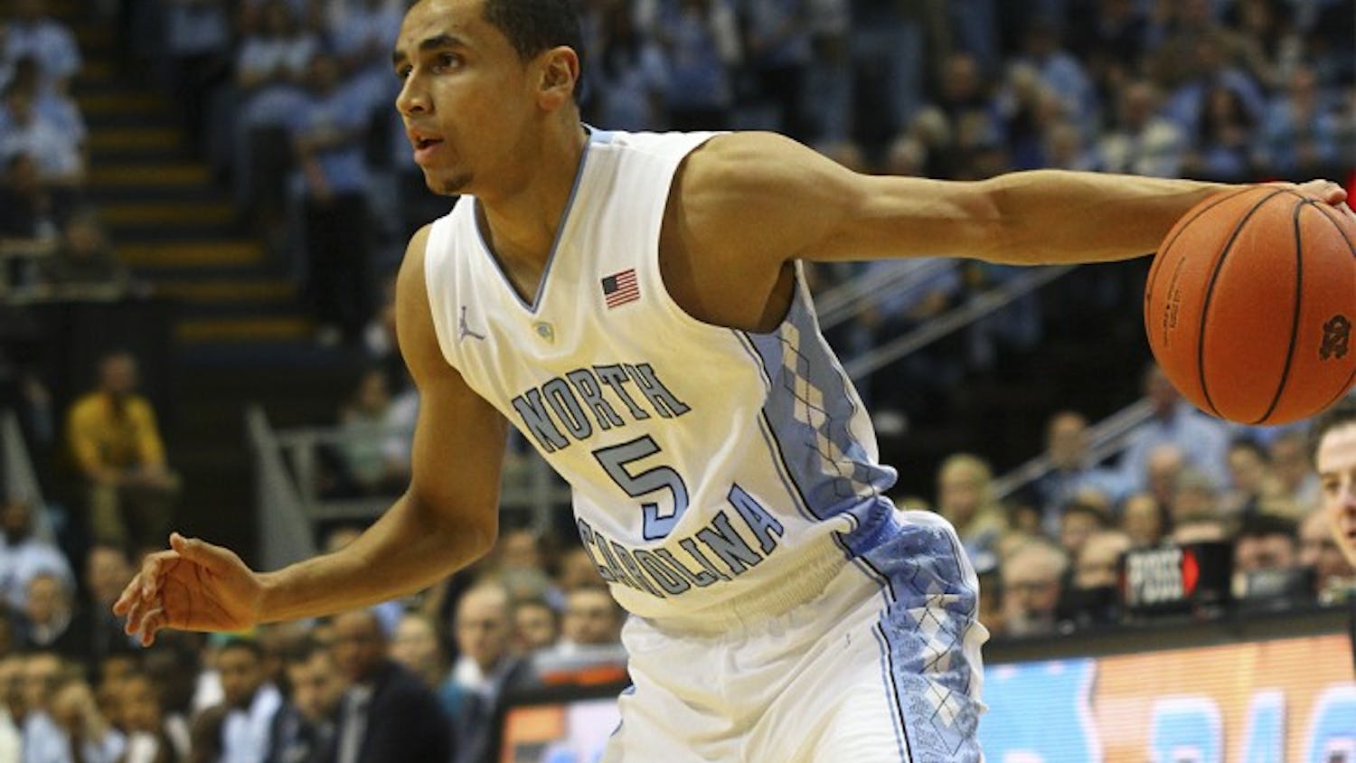 UNC guard Marcus Paige (5) drives to the basket.