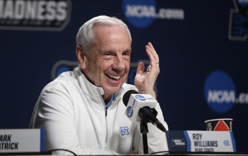 Head coach Roy Williams answers questions during a press conference on Saturday, March 23, 2019. 