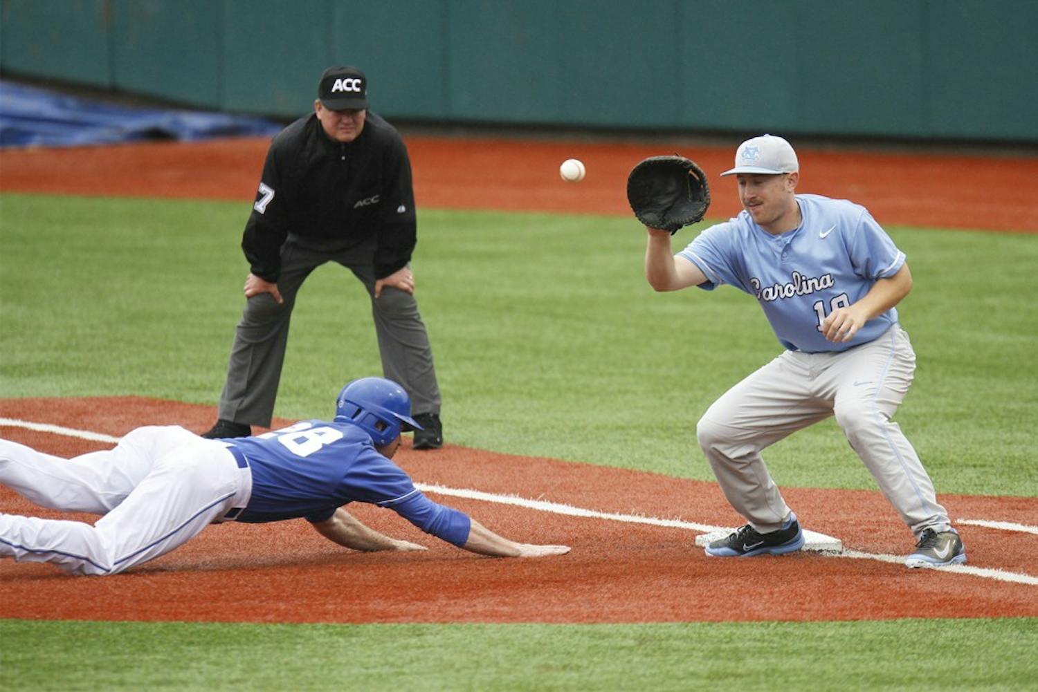 UNC first baseman Tom Zengel (19) tries to get a Duke player out. Carolina was defeated by the Blue Devils in their three game series 3-0 at Jack Coombs Field in Durham, NC. 