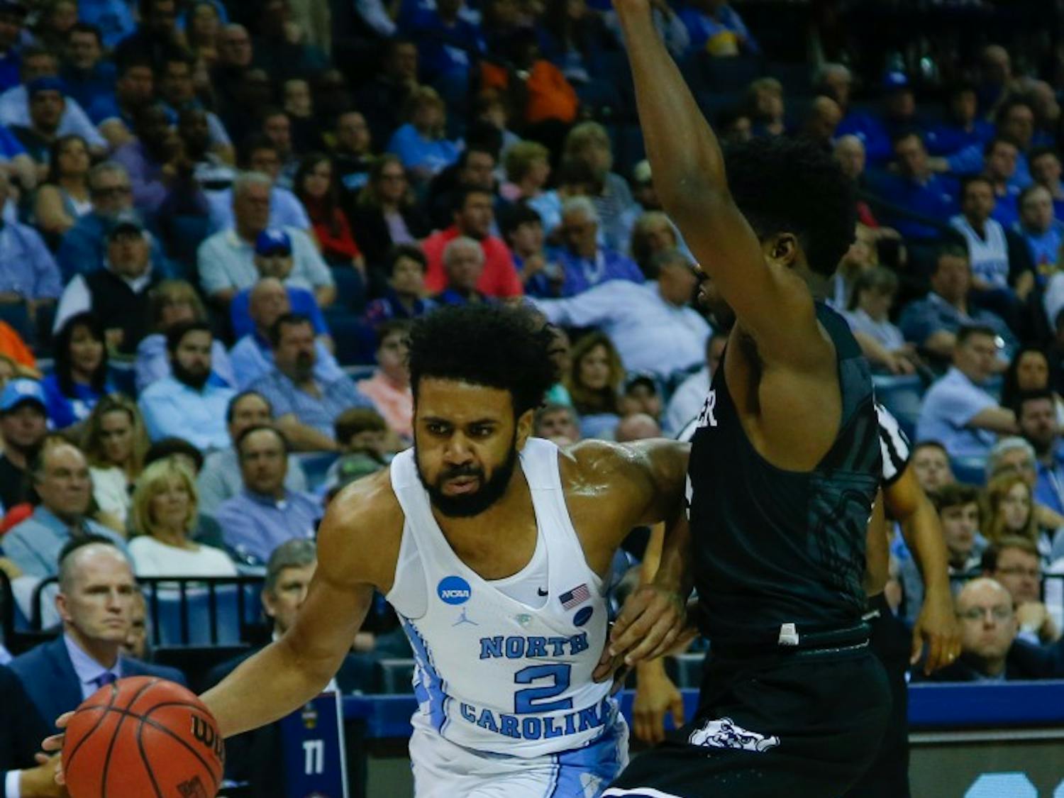North Carolina guard Joel Berry (2) drives in on a Butler defender during their Sweet 16 matchup on Friday.