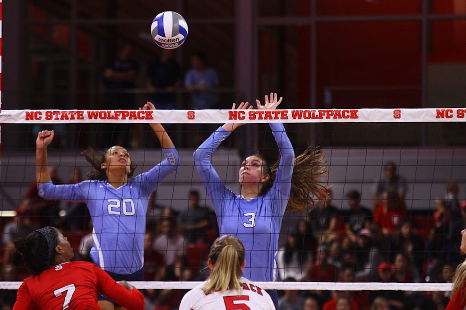 Taylor Treacy (20) and Beth Nordhorn (3) go up for the block against N.C. State.