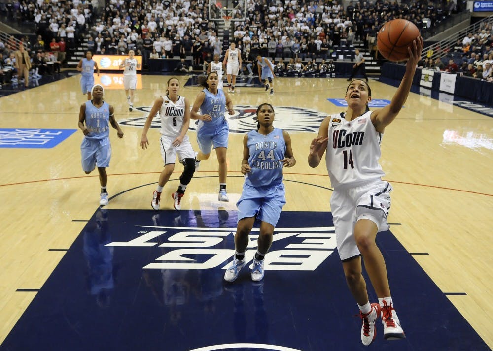 Connecticut's Bria Hartley has a clear path to the hoop against North Carolina at Gampel Pavilion in Storrs, Connecticut, Monday, January 16, 2012. Connecticut won, 86-35. (John Woike/Hartford Courant/MCT)