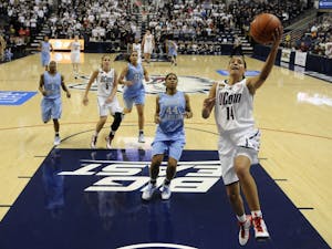 Connecticut's Bria Hartley has a clear path to the hoop against North Carolina at Gampel Pavilion in Storrs, Connecticut, Monday, January 16, 2012. Connecticut won, 86-35. (John Woike/Hartford Courant/MCT)