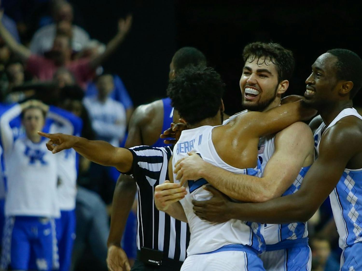 The North Carolina men's basketball team defeated Kentucky 75-73 in their Elite Eight matchup in Memphis on Sunday. Forward Luke Maye (32) hit a game winning shot to give the Tar Heels a two-point lead with 0.3 seconds remaining. The team will travel to Phoenix and face the Oregon Ducks in the Final Four on Saturday.