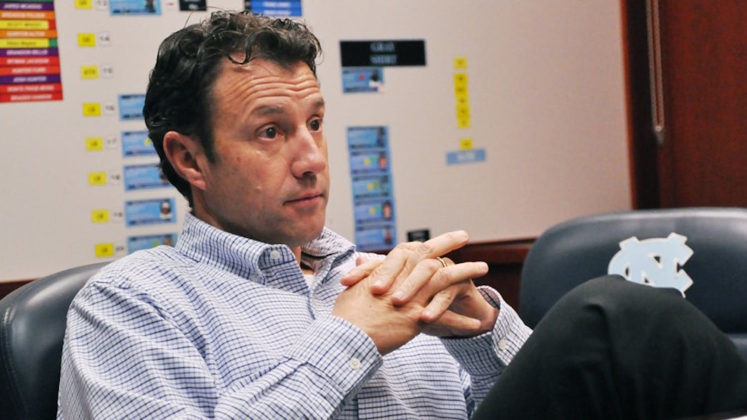 Head football coach Larry Fedora met with his coaching staff Monday afternoon to watch and discuss highlight tapes from possible recruits. 