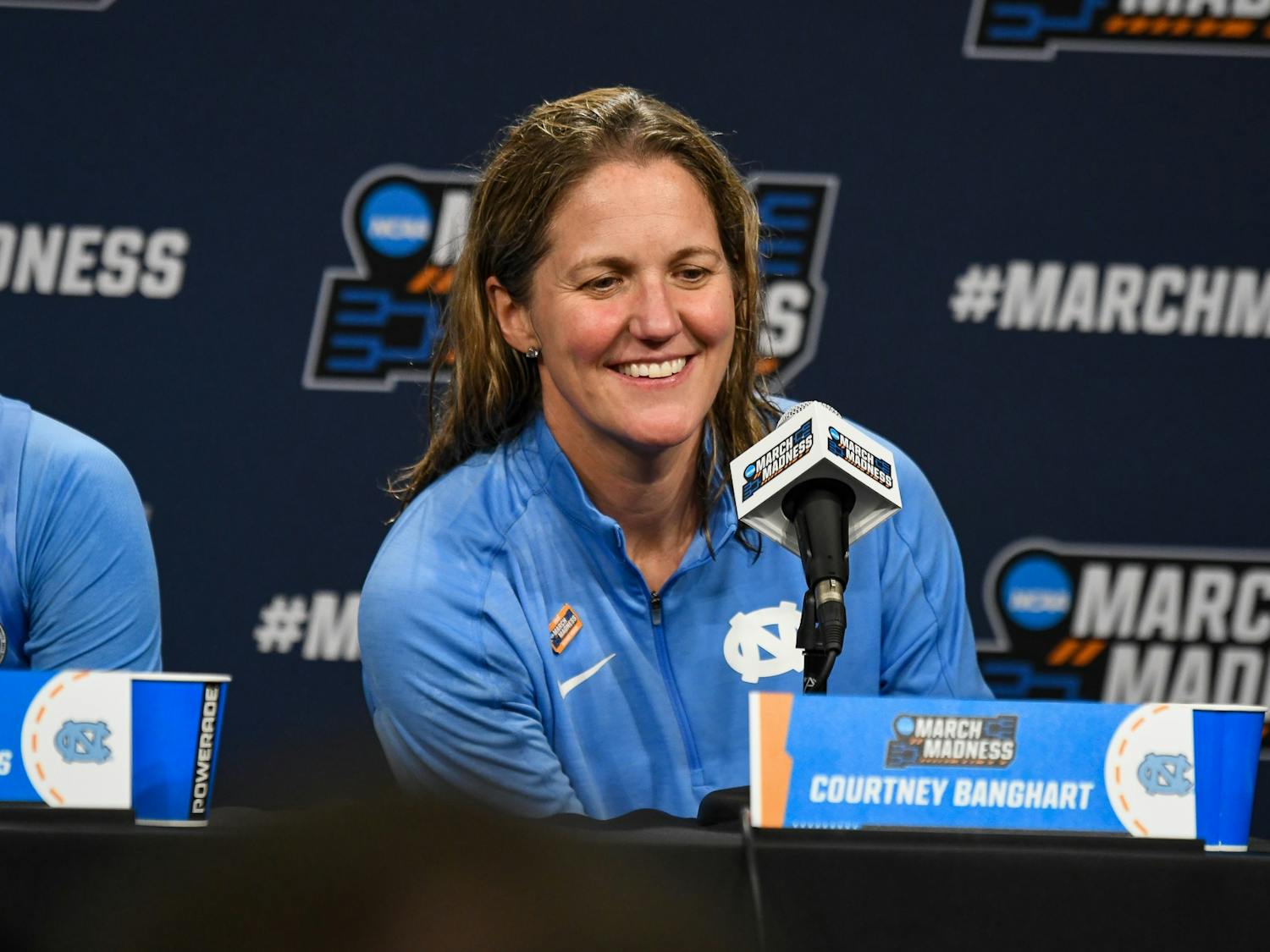UNC Head Coach Courtney Banghart speaks in a press conference after winning the second round of the NCAA Tournament against University of Arizona in Tucson, Arizona, on Saturday, March 21, 2022. Carolina won 63-45 to proceed to Sweet 16 round.