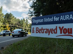 Anonymous road signs along Estes Dr. and Village Dr. criticize Karen Stegman for betraying Chapel Hill.