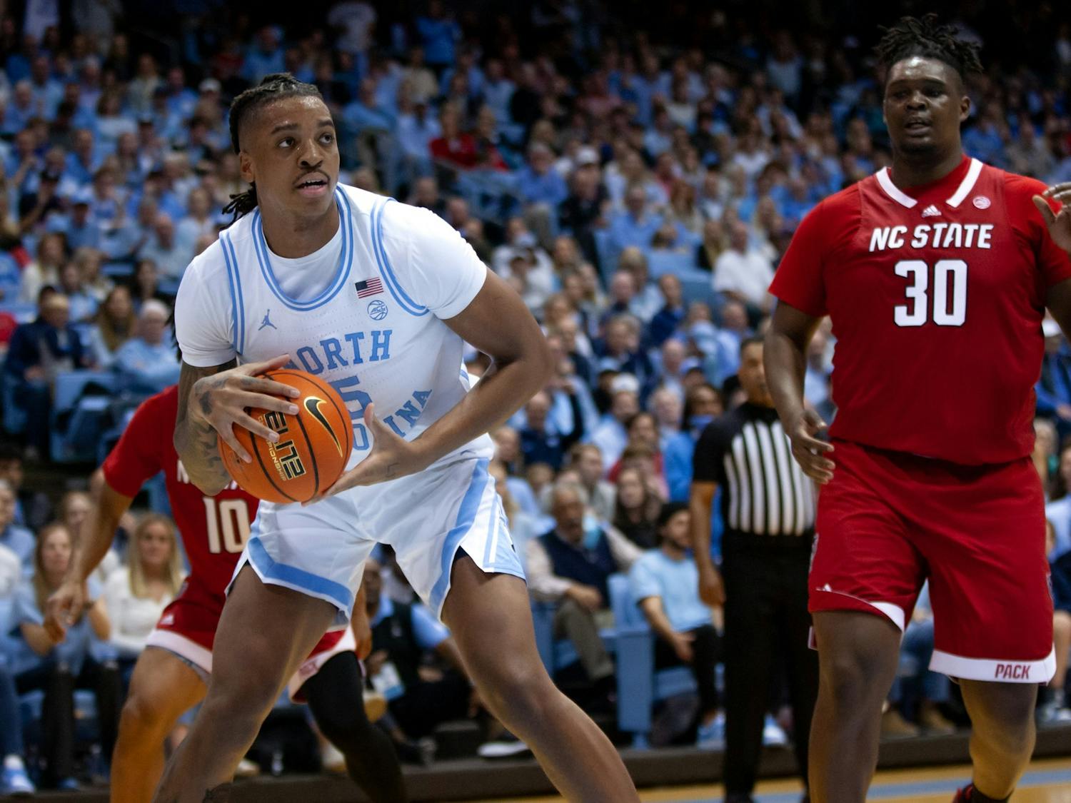 UNC senior forward/center Armando Bacot (5) catches a rebound in the Dean Smith Center on Jan. 21, 2023, against the N.C. State Wolfpack. Bacot set a new record for career rebounds, breaking Tyler Hansbrough’s previous record. UNC won 80-69.
