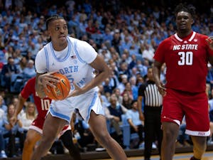 UNC senior forward/center Armando Bacot (5) catches a rebound in the Dean Smith Center on Jan. 21, 2023, against the N.C. State Wolfpack. Bacot set a new record for career rebounds, breaking Tyler Hansbrough’s previous record. UNC won 80-69.