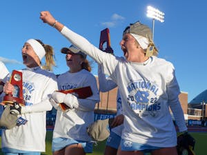 The UNC field hockey team celebrates their victory after the NCAA Field Hockey Championship game against Northwestern in Storrs, Conn. on Sunday, Nov. 20, 2022. UNC beat Northwestern 2-1.