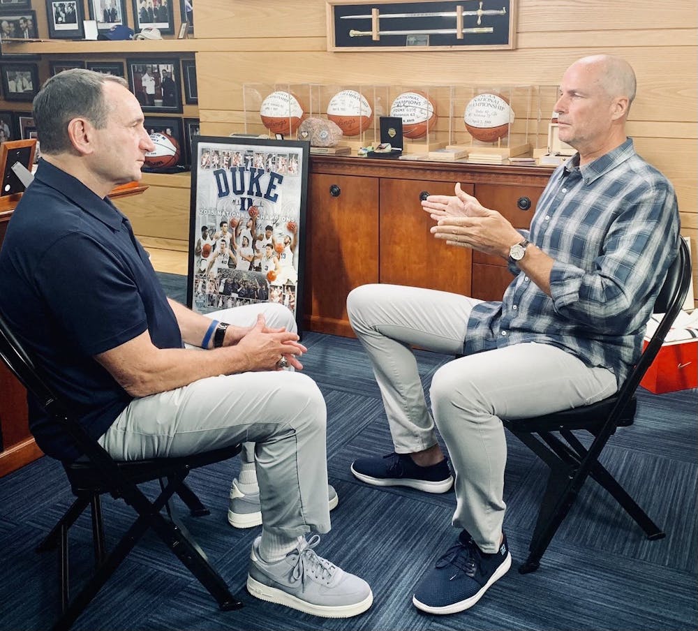 <p>Jay Bilas interviewing former Duke men's basketball coach Mike Krzyzewski.<strong> </strong>Photo courtesy of Jay Bilas.</p>