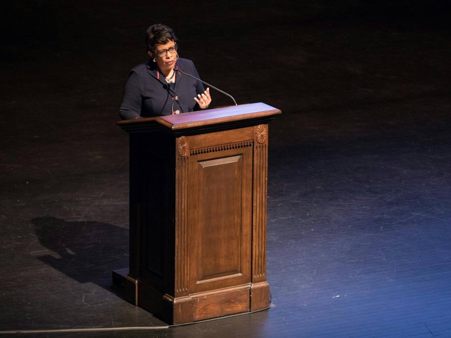 Former US Attorney General Loretta Lynch gives a speech in Memorial Hall on Monday night as part of the 37th annual UNC Martin Luther King Jr. Keynote Lecture and Award Ceremony.