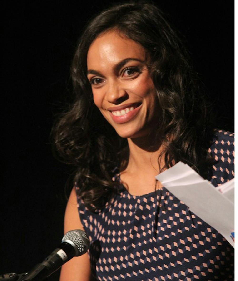 	<p>Rosario Dawson leads a panel discussion at the <span class="caps">DNC</span> on Tuesday.</p>