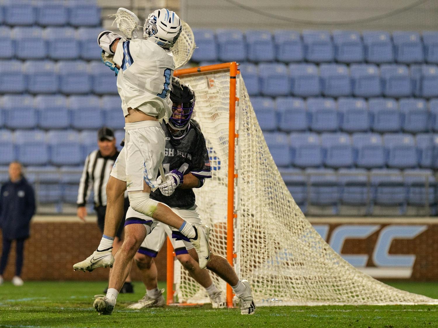 UNC graduate attacker Logan McGovern (1) attempts to score during the men's lacrosse game against High Point on Wednesday, March 22, 2023, at Dorrance Field. UNC beat High Point 16-9.
