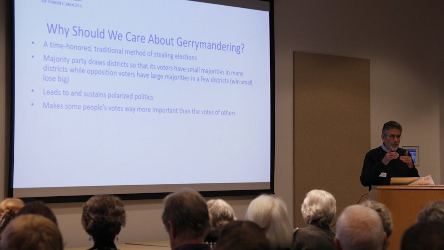Walter Salinger, a retired professor of psychology from the University of North Carolina at Greensboro, currently serves on the Boards of Directors of both the League of Women Voters of Piedmont Triad and the League of Women Voters of North Carolina. On the evening of February 2nd, he gave a talk at the Chapel Hill Public Library to explain the consequences of gerrymandering voting districts and advocate for a nonpartisan redistricting plan.